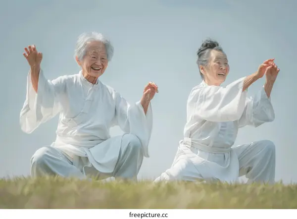 Two elderly Chinese women are practicing Tai Chi in the park