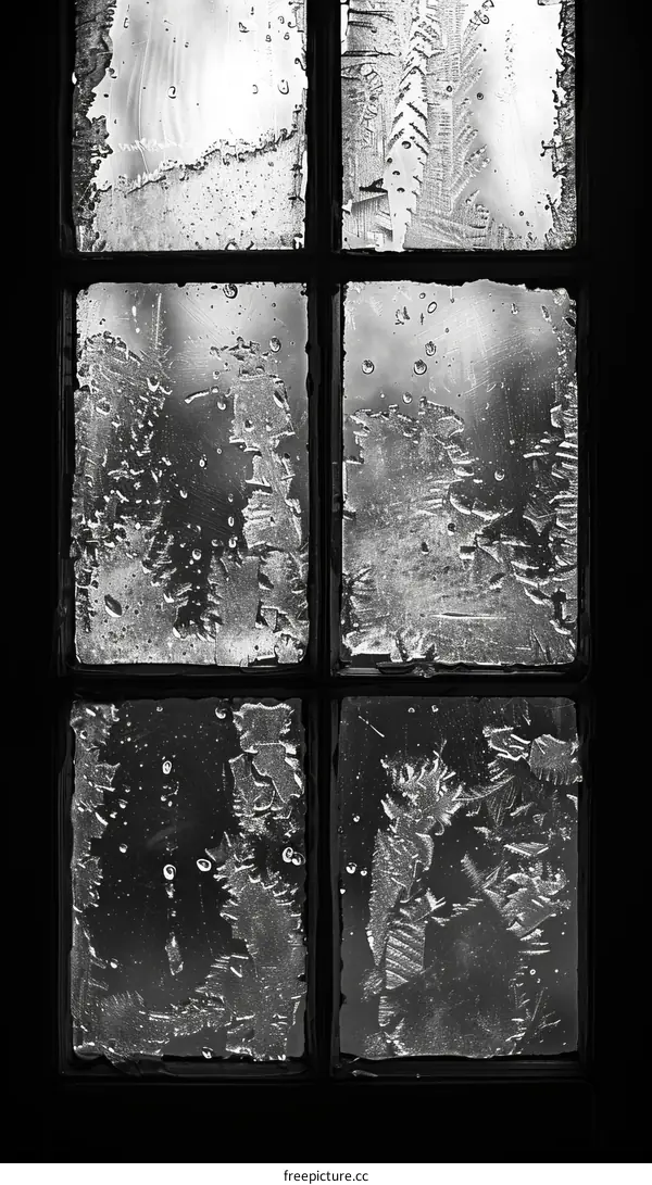 Black and white photo of frost patterns on a window