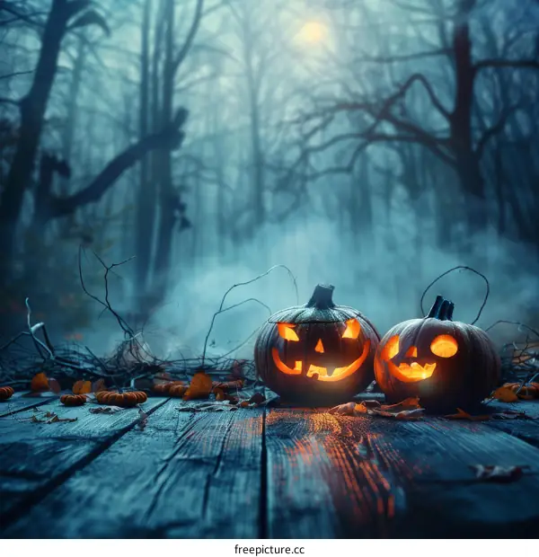 Two Halloween pumpkins sit on a wooden table in a spooky forest