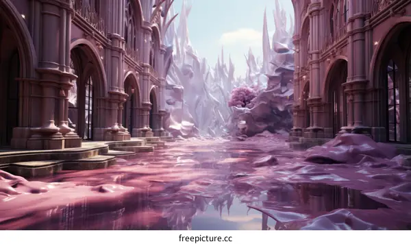 Pink surreal fantasy landscape with pink water and pink trees