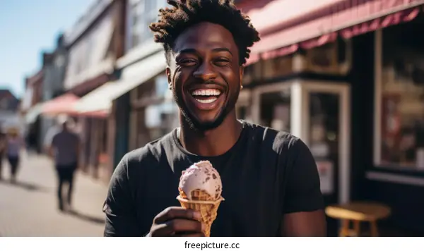 Happy African American man eating ice cream in the street