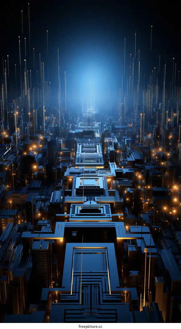 Blue and gold glowing futuristic city illustration