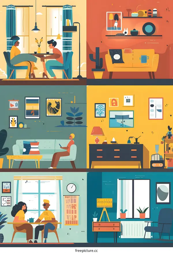 Four different rooms of a home with people doing different activities