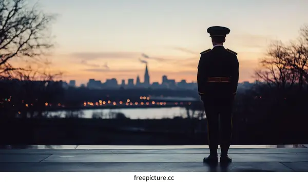 Military Guard at Sunrise with City Skyline