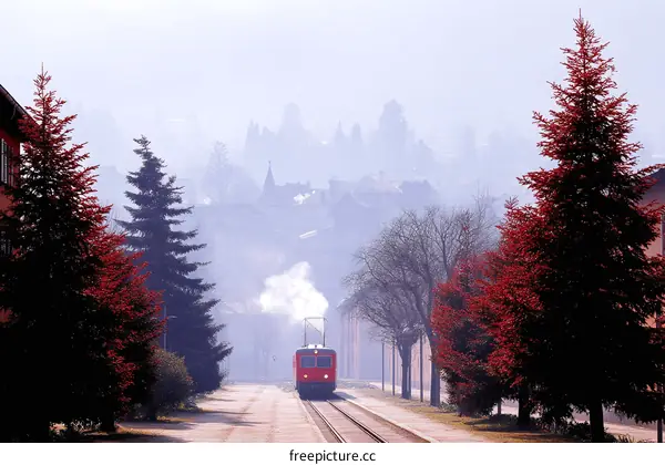Misty Town Street with Red Trees and Train