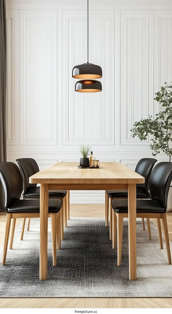 Modern Dining Room with Wooden Table and Black Chairs
