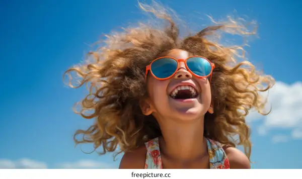 Little girl with curly hair smiling happily