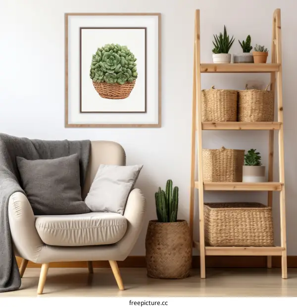 A beautiful watercolor painting of a succulent in a basket