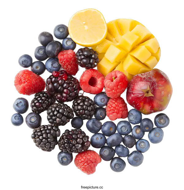 [Transparent Background PNG]Fresh Mixed Berries, Mango, Lemon and Apple on White Background