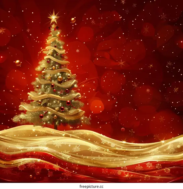 Golden Christmas Tree with Red Ornaments and Lights