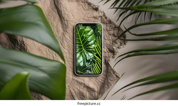 Closeup of a Smartphone with Tropical Leaves Wallpaper