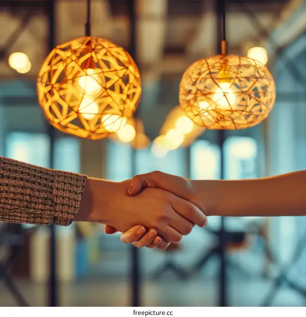 Business handshake. Two unrecognizable business people shaking hands in the office. Close up.