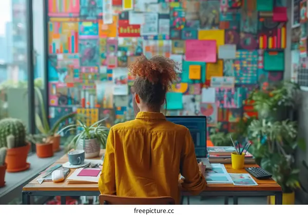 A woman of color sits at her desk in front of a large colorful mural