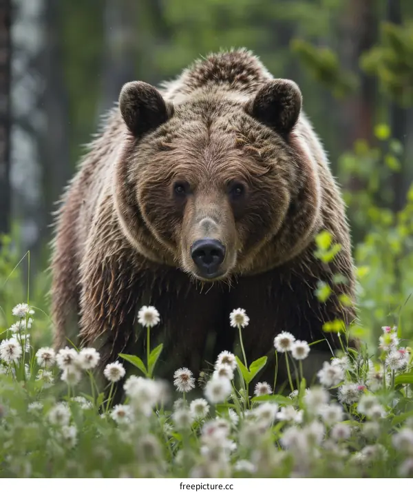 Grizzly Bear in a Field of Wildflowers