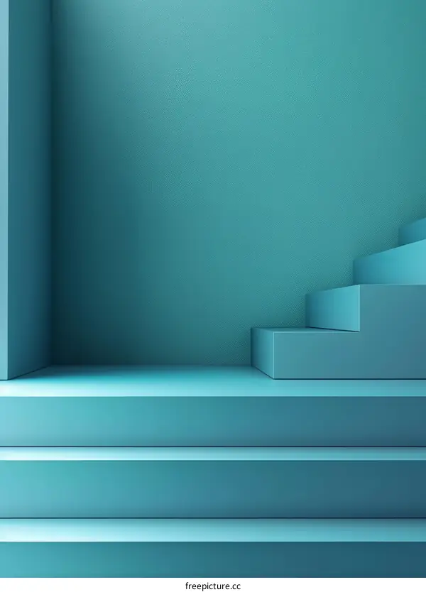 Blue and White Podium and Stairs on Blue Background with Copy Space. Concept of Success. 3D Rendering