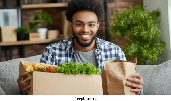 Smiling Man Holding Food Delivery Boxes