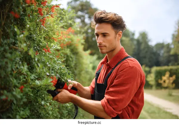 Gardener trimming hedge with electric shears in a garden