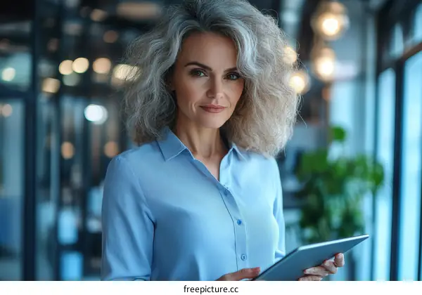 Confident Businesswoman Holding Tablet in Modern Office