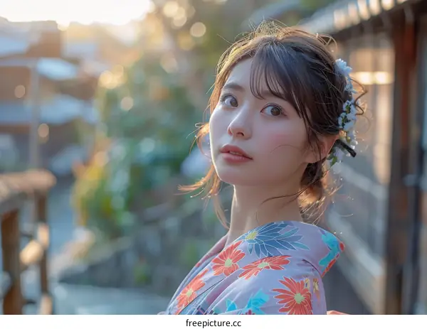 Japanese Woman in Kimono at Sunset