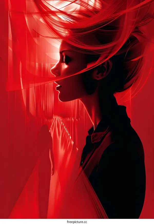 Illustration of a red-haired woman in a red dress with long flowing hair and a red background