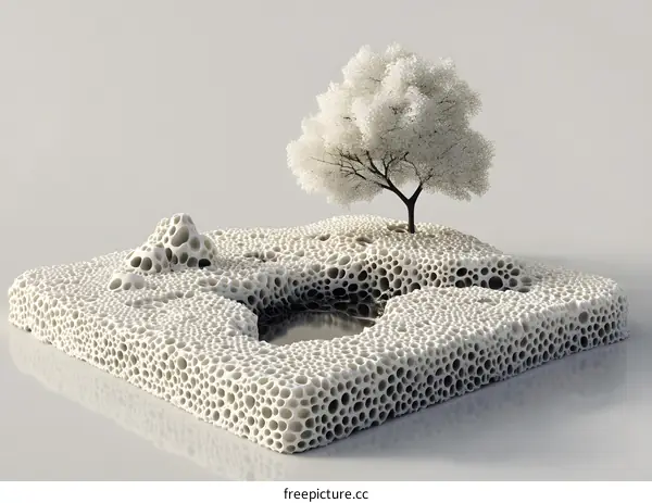 3D Illustration of a White Tree on a Porous Surface with a Small Pond