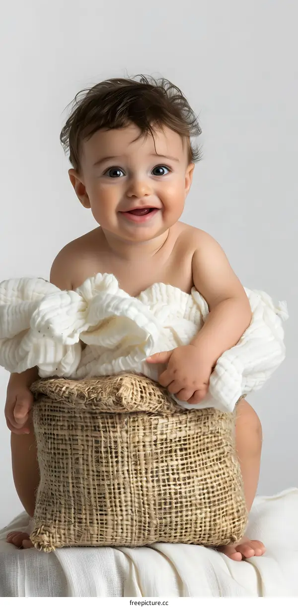 Cute Baby Sitting on a Burlap Pillow