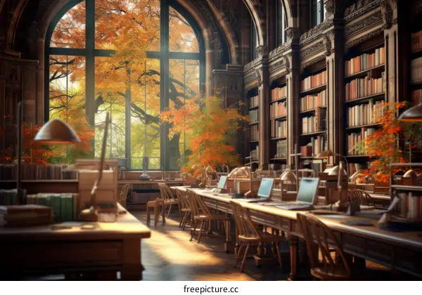 Ornate Library with Autumn Trees