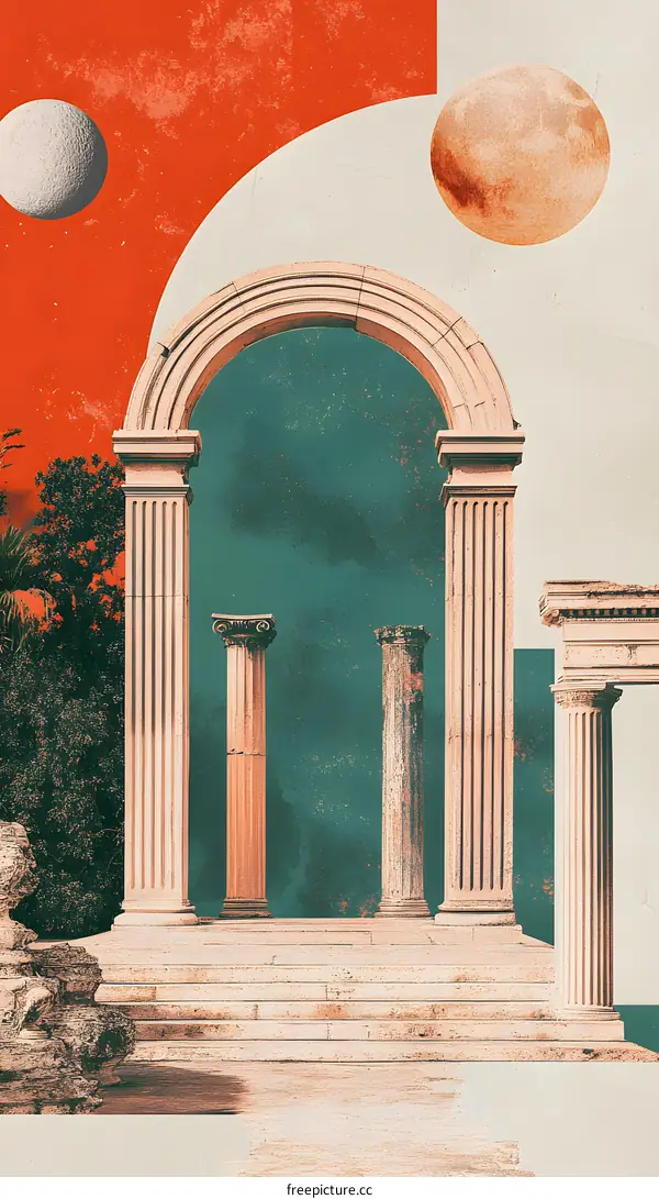 Abstract Surrealism Illustration of Ancient Greek Architecture with Columns and Arch