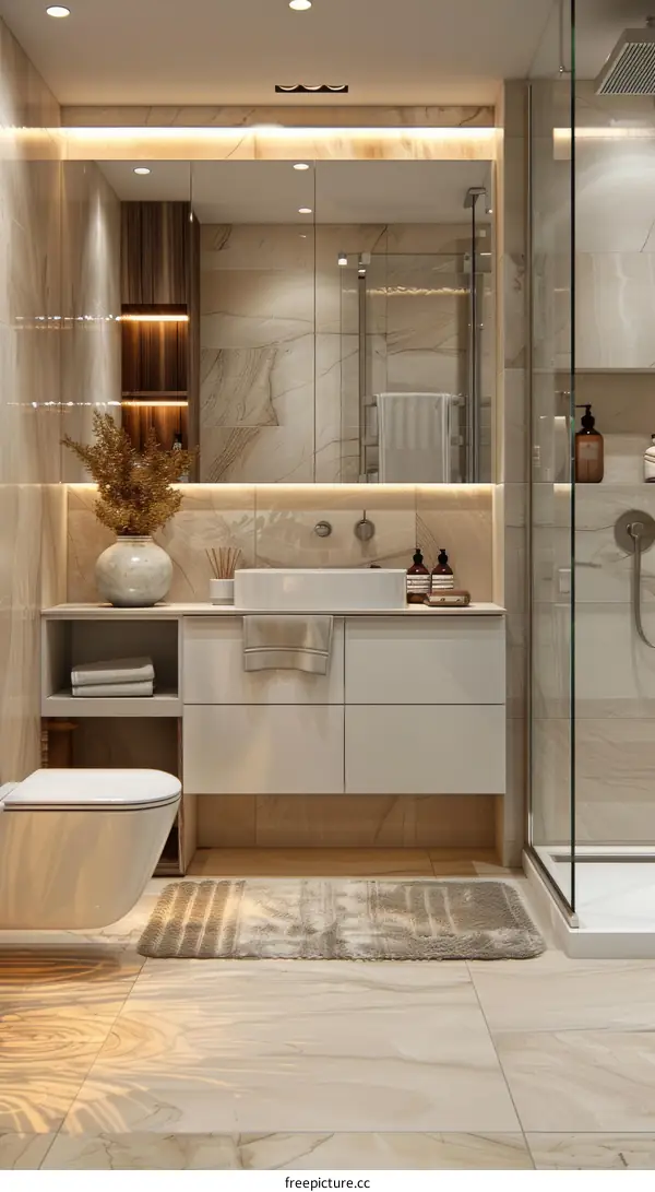 Modern Bathroom Interior Design With White Cabinetry and Large Mirror