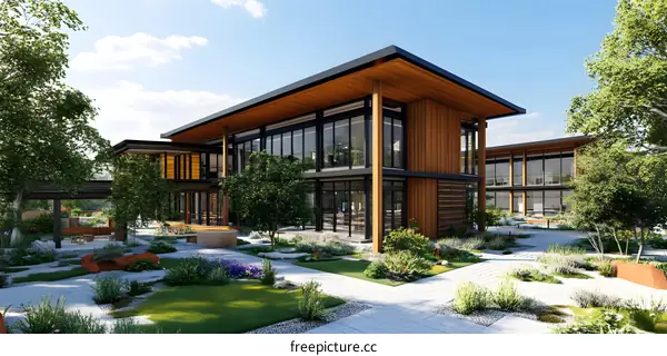Modern Wooden Building with Green Garden