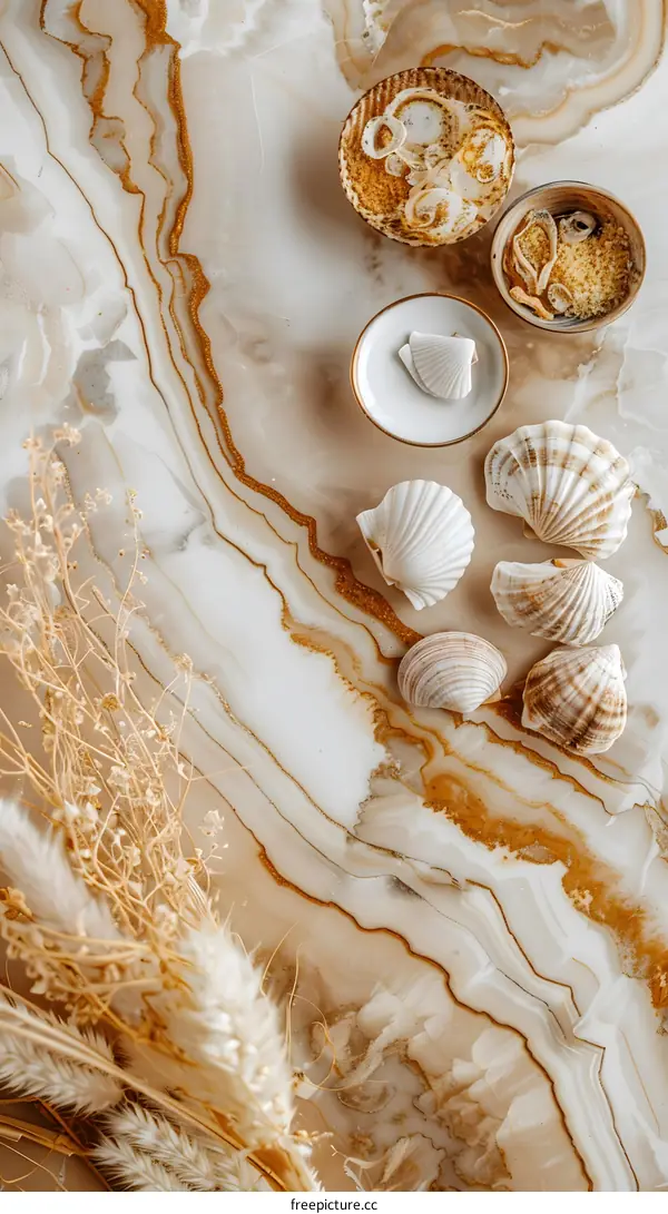 Seashells and Dried Flowers on Marble Background