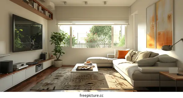 A modern living room with a large window, a sofa, a coffee table, a television, and a rug