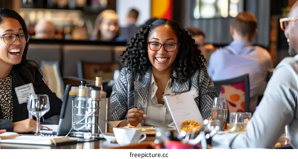 Smiling Businesswomen Having Conversation at Lunch