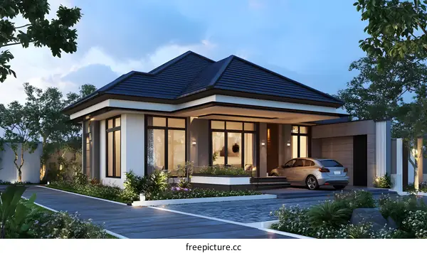 Modern House with a Blue Roof and a Car in the Driveway