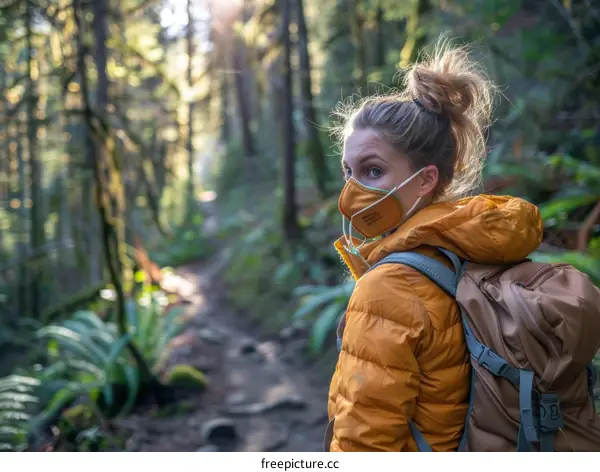 woman wearing mask hiking in forest