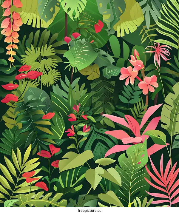 Tropical Leaves and Flowers Pattern Seamless Design