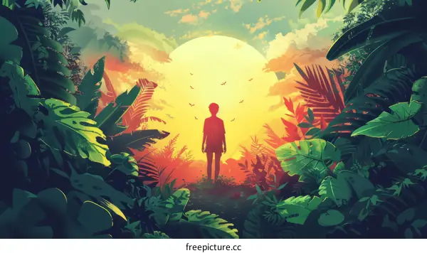 A Boy Standing in a Jungle Looking at the Sunset