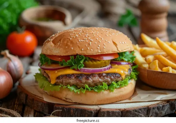 A delicious cheeseburger with a side of fries