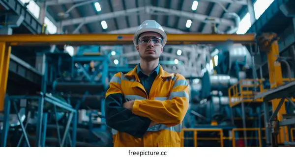 Portrait of a male worker wearing a hard hat and safety glasses standing in a factory.