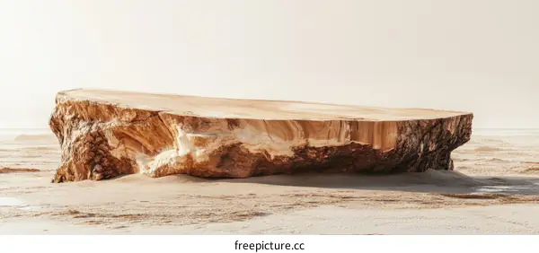 Wooden Stump Table Display Against Desert Sand
