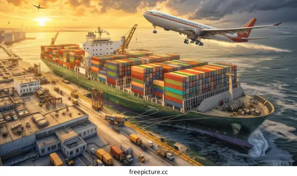 Container ship and airplane at sunset