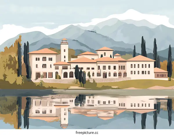 Waterfront Villa with Mountain View Illustration