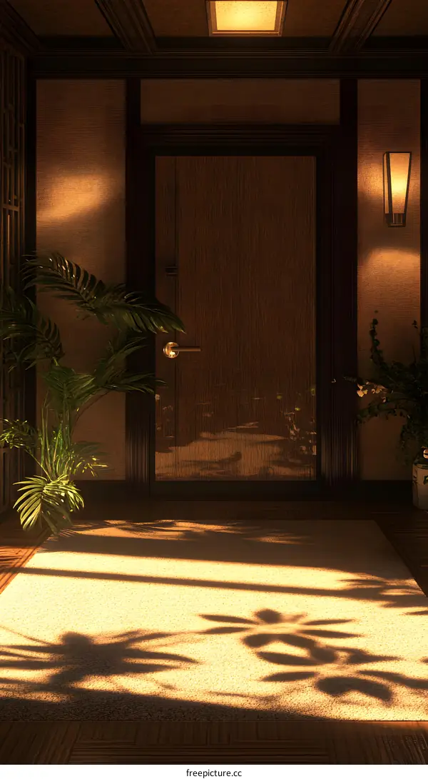 Modern Minimalist Home Interior Design With Wooden Door And Plants