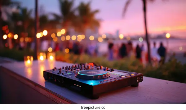 Beach Party DJ Setup at Sunset with Crowd
