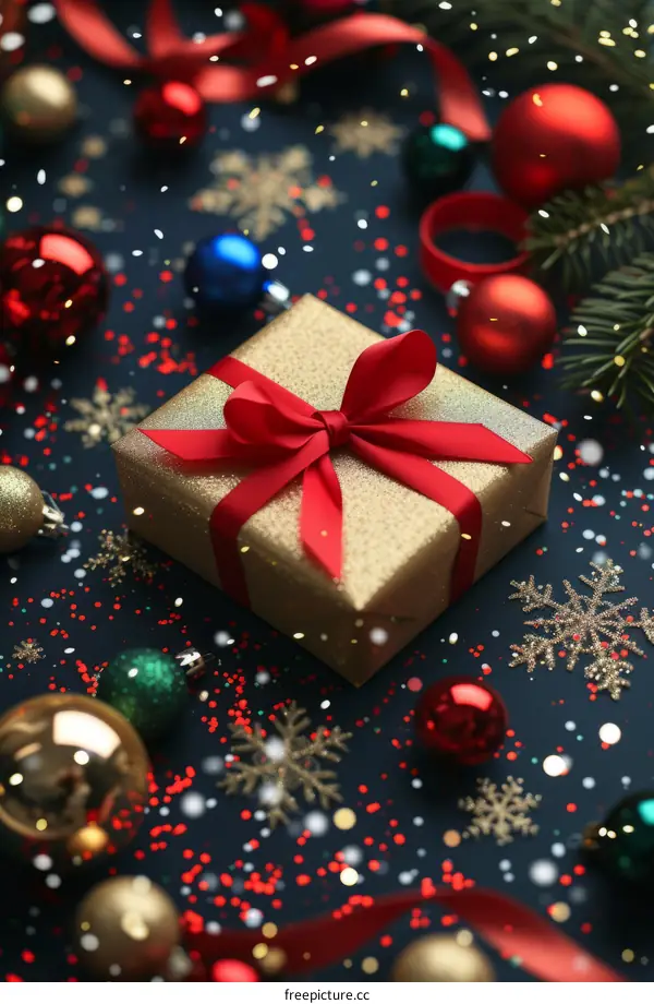 Christmas and New Year. Christmas decorations and gifts on a dark blue background.