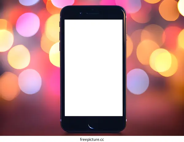 Black Smartphone With White Screen Mockup On Blurred Bokeh Lights Background