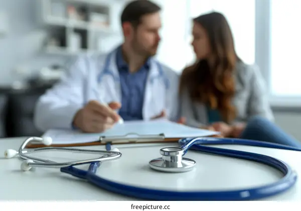 Stethoscope on table with doctor and patient in background