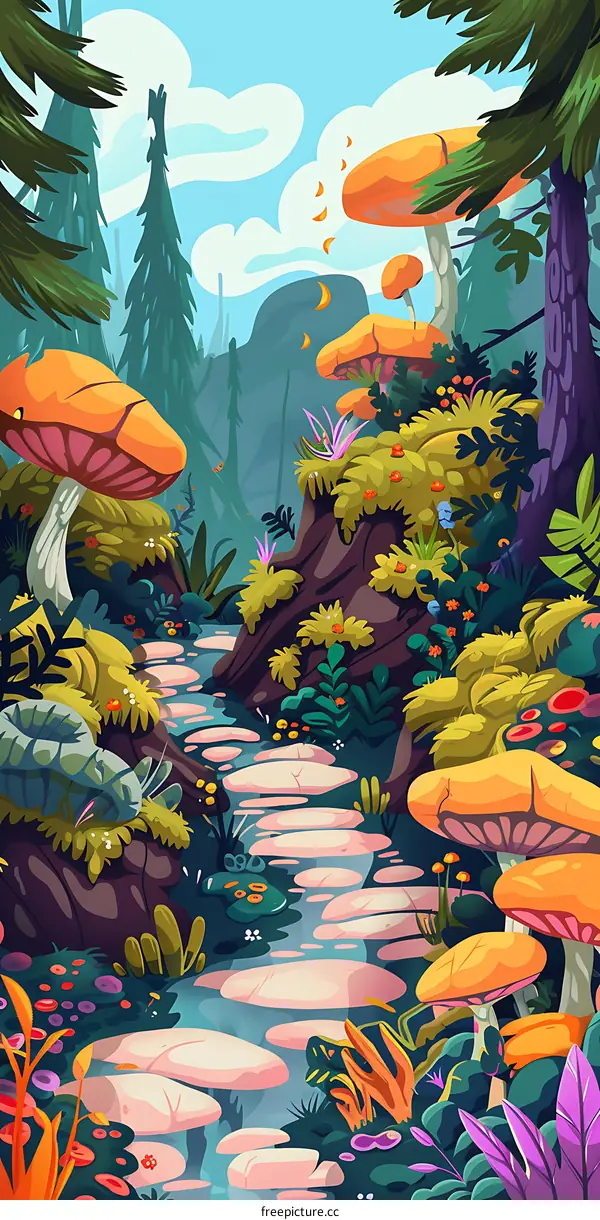 Fantasy Forest Landscape with Colorful Mushrooms and Stream