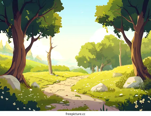 Forest Path Illustration with Green Trees and Flowers