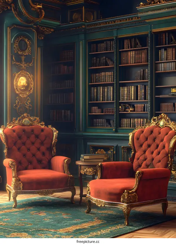 Vintage Library Interior Design With Red Chairs And Book Shelves